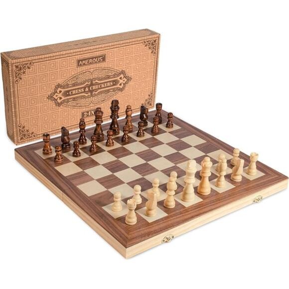 Wooden Chess & Checkers Set, Board Games -2 Extra Queens -24 Cherkers Pieces - Picture 7 of 16